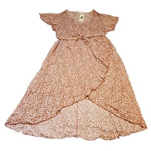 Nemidor US 26 Floral Print High Low‎ Dress Ruffle Sleeve Brown White Maxi
